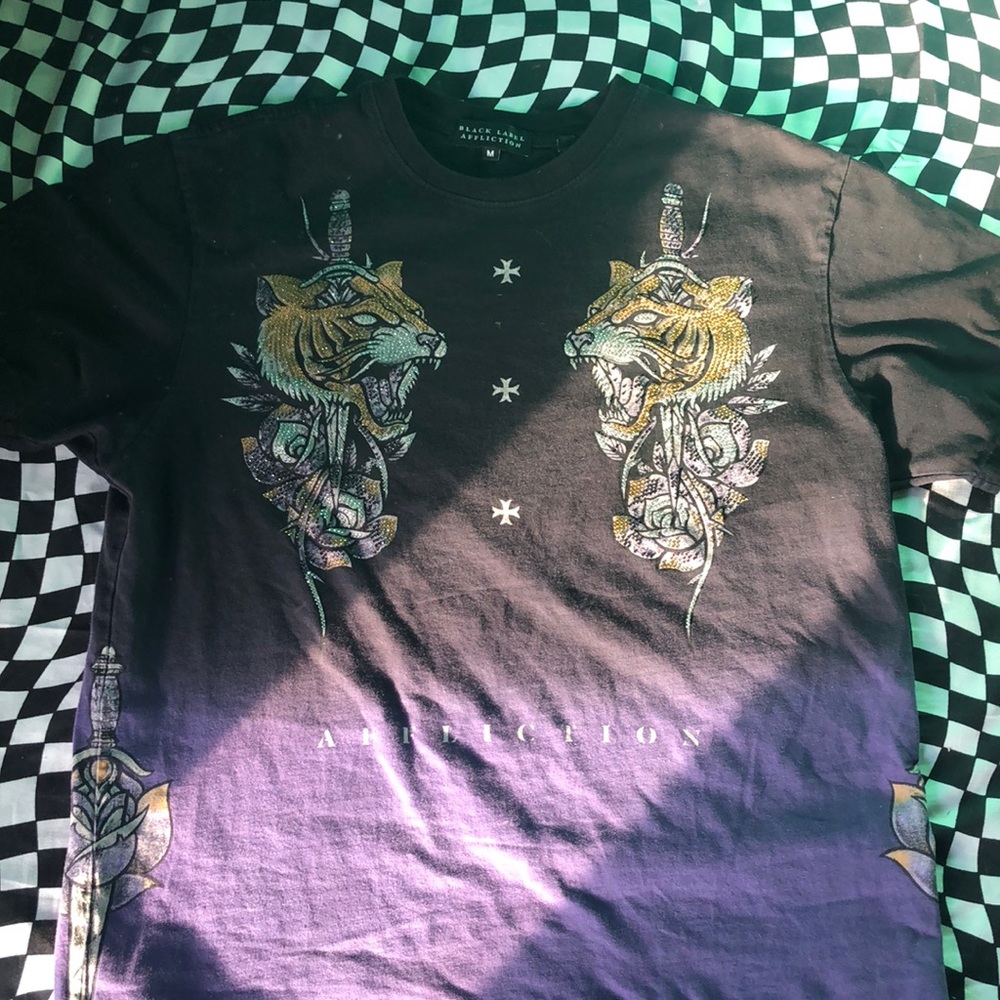 Affliction tee with rhinestone tiger and dagger designs